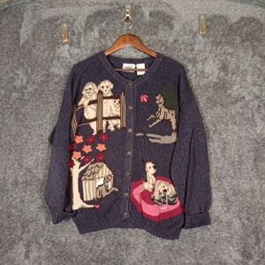 Women's Navy Novelty Dog Cardigan Sweater Norther Reflections Vintage Large